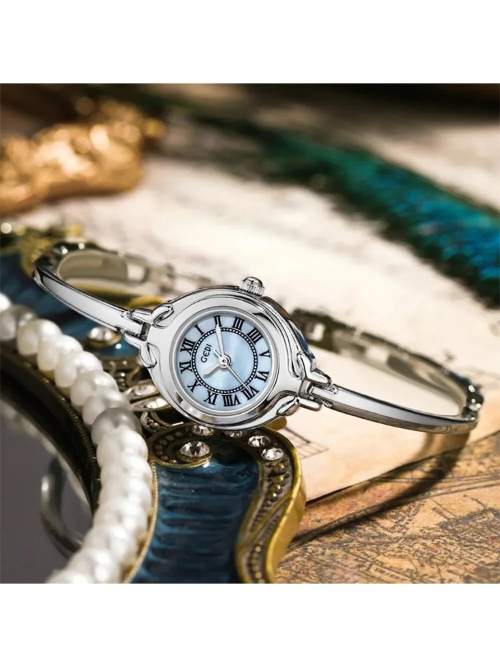 Women's Silver Blue Small Dial Bangle Thin Strap Classic Vintage Style Watches